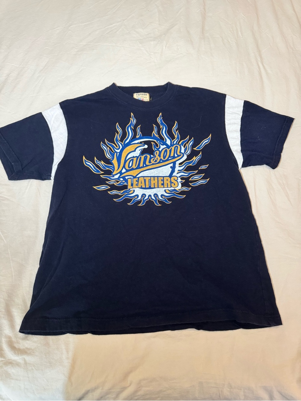Vanson Leathers Navy Short Sleeve Graphic Tee with White Sleeve Panels